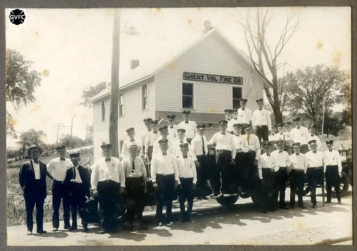 1924 Ghent Fire Protectors & First Firehouse — The original nineteen volunteers outside Ghent's first two-story wooden firehouse on Route 66.