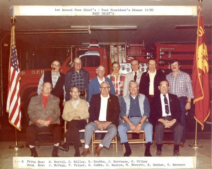 Past Chiefs Honored, 1982 — Generations of Ghent Fire Chiefs gathered at the 1982 annual company banquet.