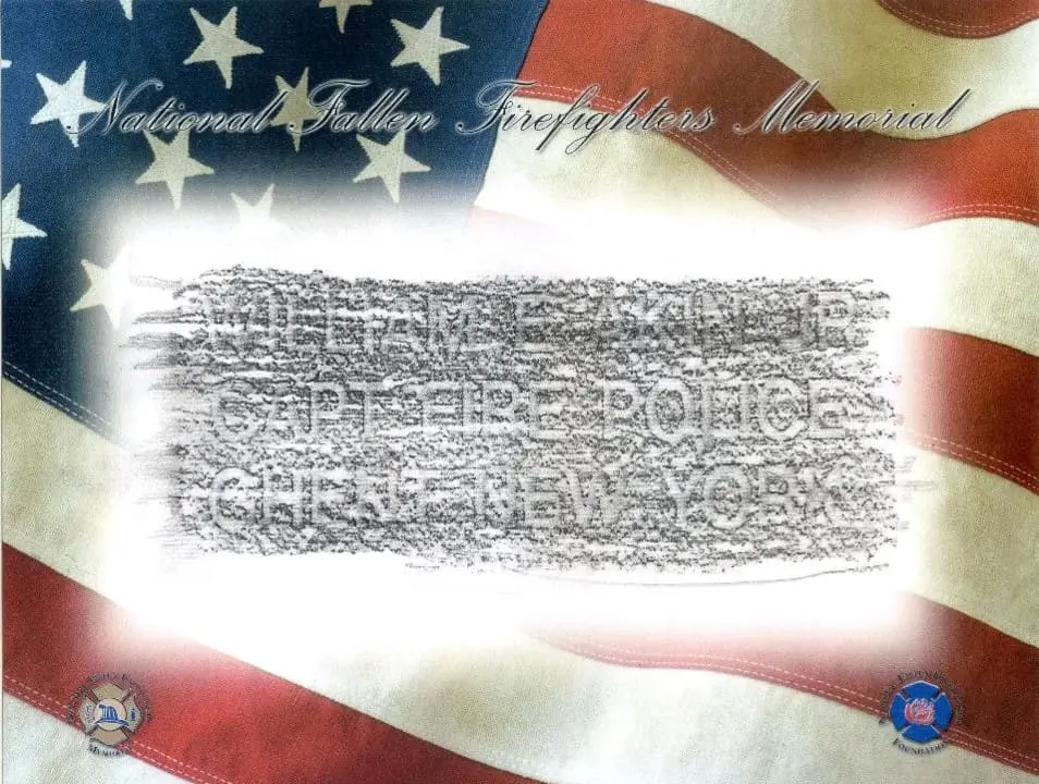 National Fallen Firefighters Memorial stone rubbing commemorating Ghent Captain William E. Akin Jr.